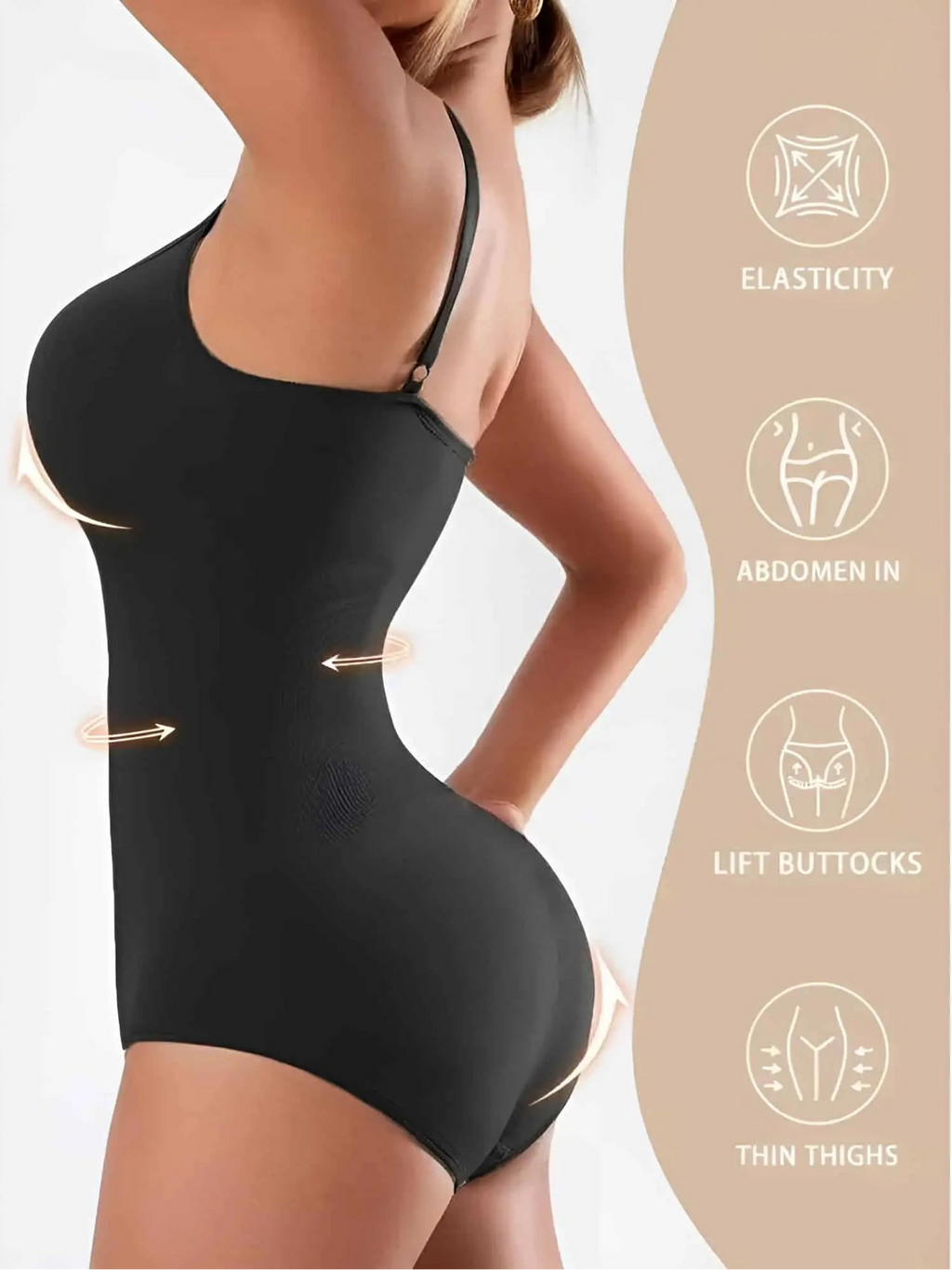 Side view of a model wearing a Velmora black bodysuit with technical icons highlighting elasticity, abdomen control, butt lift, and thigh thinning for a total body transformation.
