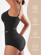 Side view of a model wearing a Velmora black bodysuit with technical icons highlighting elasticity, abdomen control, butt lift, and thigh thinning for a total body transformation.
