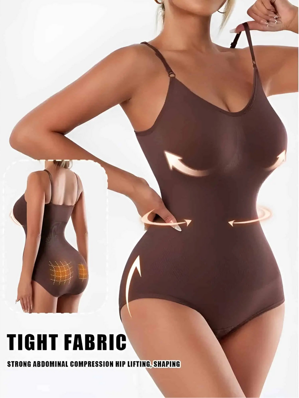 Model showcasing the Chocolate Velmora bodysuit with an overlay highlighting the 'Tight Fabric' technology for strong abdominal compression and targeted hip lifting.