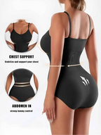 Back and side view of a model in a black Velmora bodysuit with callouts for chest stabilization, support, and strong tummy control for a seamless snatched look.