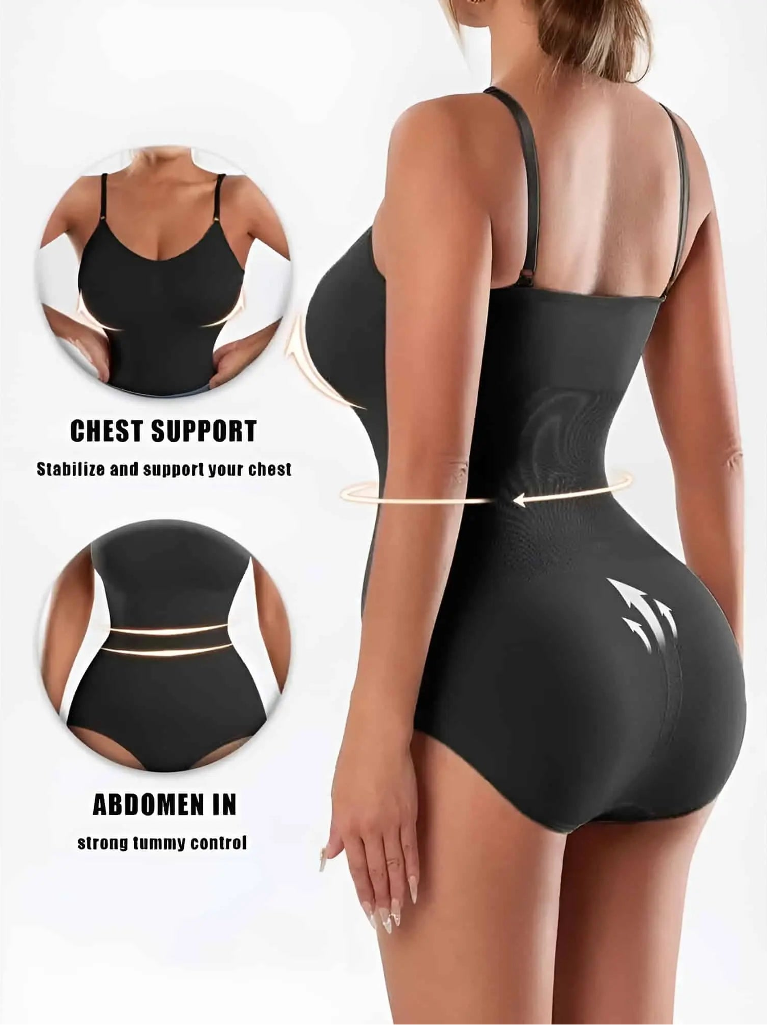 Back and side view of a model in a black Velmora bodysuit with callouts for chest stabilization, support, and strong tummy control for a seamless snatched look.