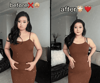 An animated GIF showing a rapid before and after transition of a woman putting on a Velmora bodysuit; the sequence highlights the immediate waist-slimming effect and the visible gap created in her denim jeans as her silhouette becomes instantly snatched and smooth.
