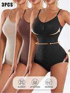 A 3-piece bundle of Velmora seamless bodysuits in Nude, Chocolate, and Black, featuring icons for elasticity, butt lifting, and abdomen compression to showcase the complete snatched effect.