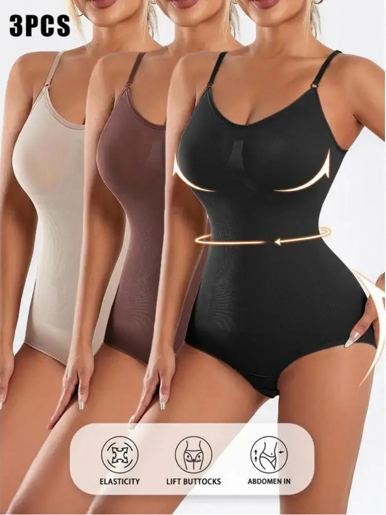 A 3-piece bundle of Velmora seamless bodysuits in Nude, Chocolate, and Black, featuring icons for elasticity, butt lifting, and abdomen compression to showcase the complete snatched effect.