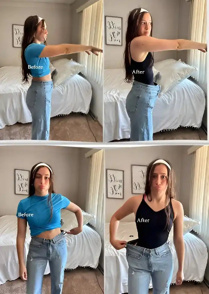 Side-by-side before and after comparison of a customer wearing a Velmora bodysuit under jeans, demonstrating the dramatic waist-snatching effect and smooth silhouette results.